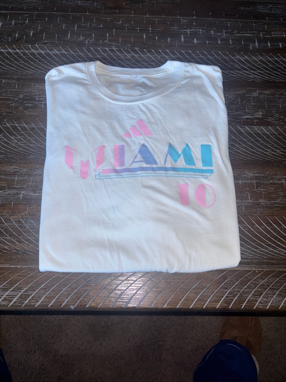 adidas White Tee with Pink & Teal Messi Miami Graphic